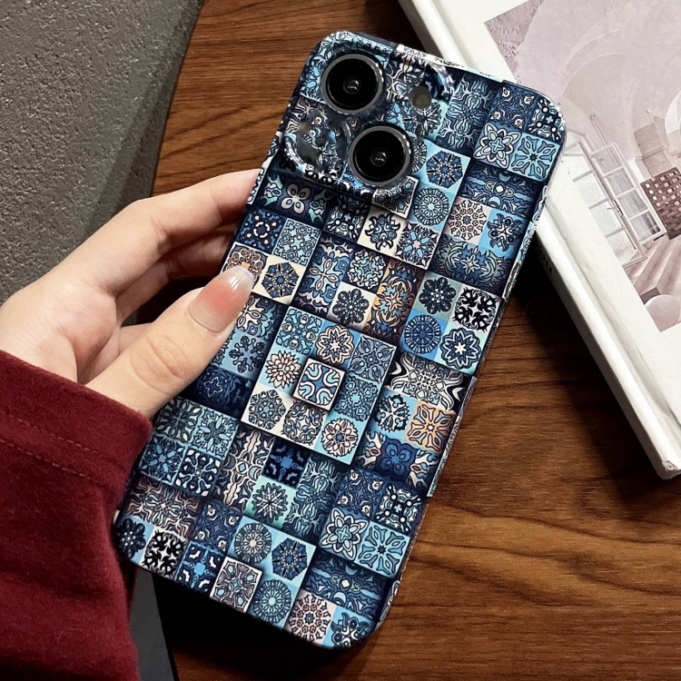 

For iPhone 15 Plus Painted Pattern Precise Hole PC Phone Case(Green Plaid)