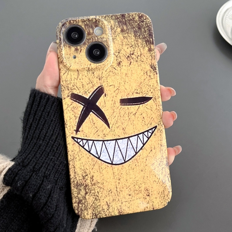 

For iPhone 15 Plus Painted Pattern Precise Hole PC Phone Case(Yellow Background Smiling)