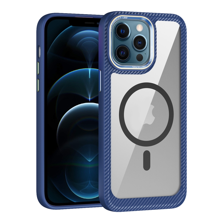 

For iPhone 12 Pro Max MagSafe Carbon Fiber Transparent Back Panel Phone Case(Blue)