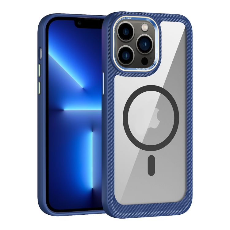 

For iPhone 13 Pro MagSafe Carbon Fiber Transparent Back Panel Phone Case(Blue)