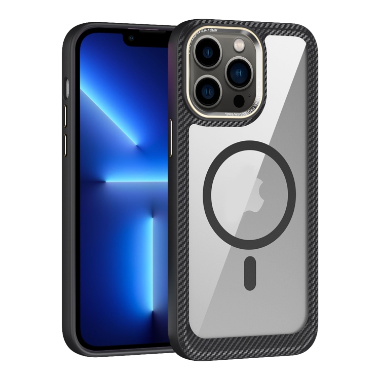 

For iPhone 13 Pro MagSafe Carbon Fiber Transparent Back Panel Phone Case(Black)