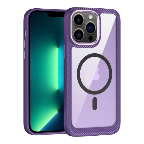 

For iPhone 13 Pro Max MagSafe Carbon Fiber Transparent Back Panel Phone Case(Purple)