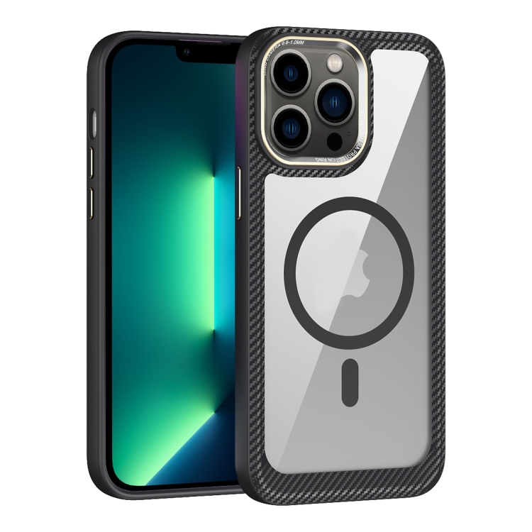 

For iPhone 13 Pro Max MagSafe Carbon Fiber Transparent Back Panel Phone Case(Black)