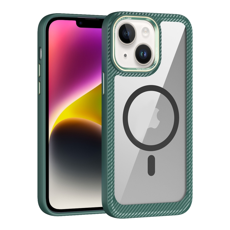 

For iPhone 14 MagSafe Carbon Fiber Transparent Back Panel Phone Case(Green)