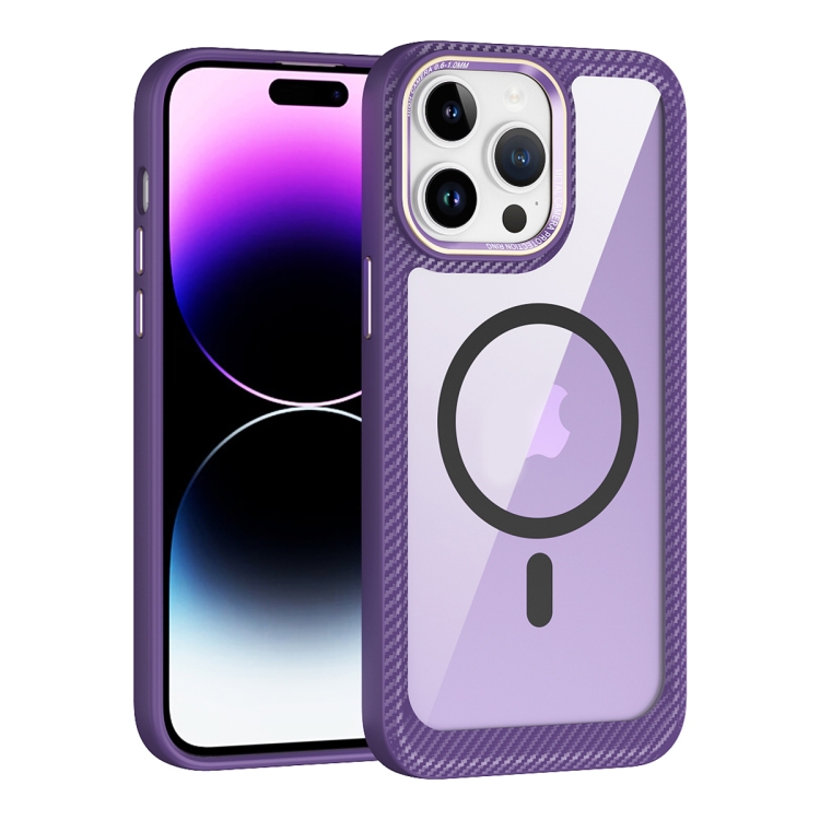 

For iPhone 14 Pro MagSafe Carbon Fiber Transparent Back Panel Phone Case(Purple)