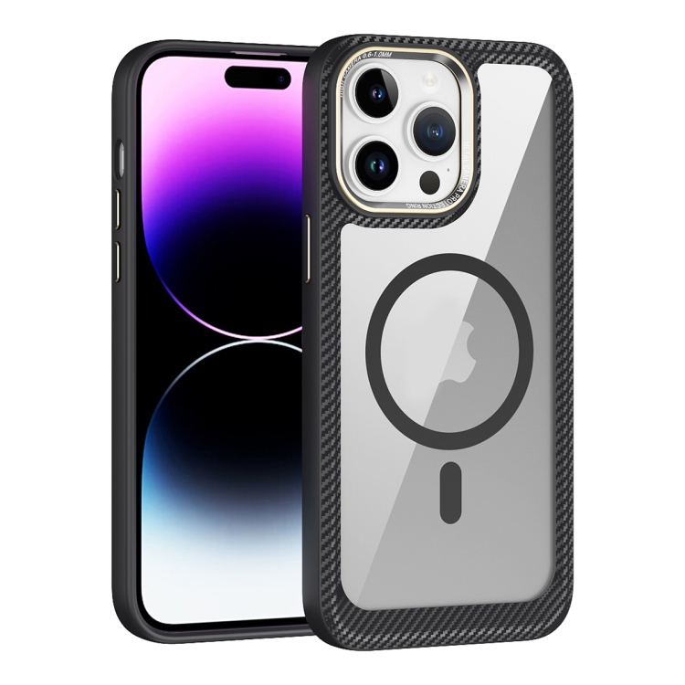 

For iPhone 14 Pro MagSafe Carbon Fiber Transparent Back Panel Phone Case(Black)