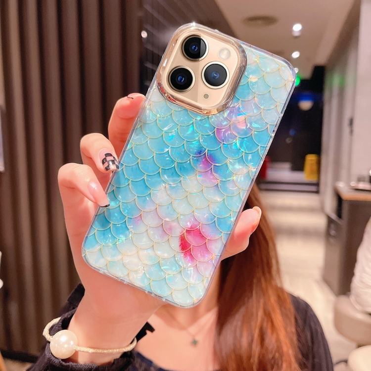 

For iPhone 11 Pro Max Colorful Crystal Shell Pattern PC + TPU Phone Case(Fish-scales Blue)