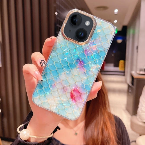 

For iPhone 15 Colorful Crystal Shell Pattern PC + TPU Phone Case(Fish-scales Blue)