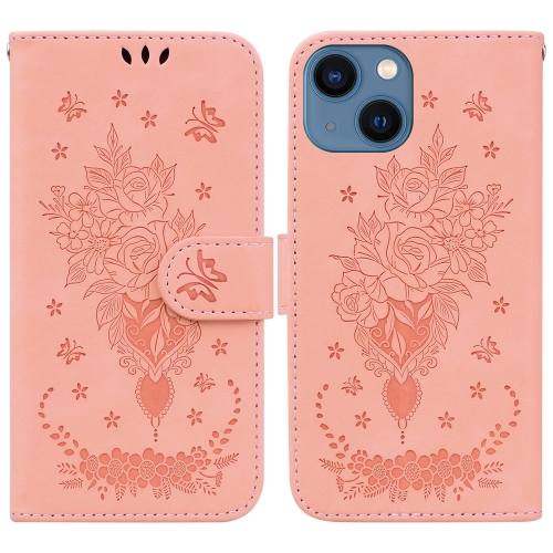 

For iPhone 15 Butterfly Rose Embossed Leather Phone Case(Pink)