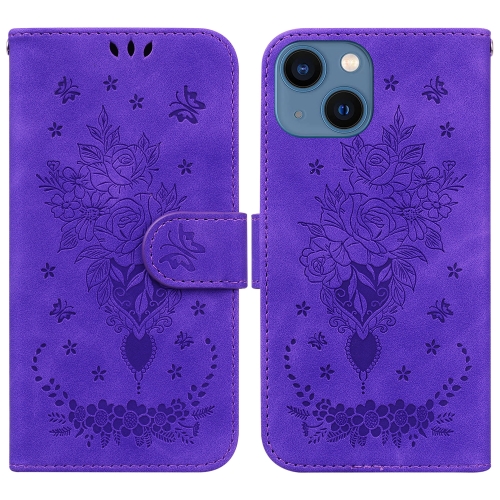 

For iPhone 15 Plus Butterfly Rose Embossed Leather Phone Case(Purple)