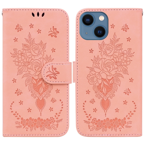 

For iPhone 15 Plus Butterfly Rose Embossed Leather Phone Case(Pink)