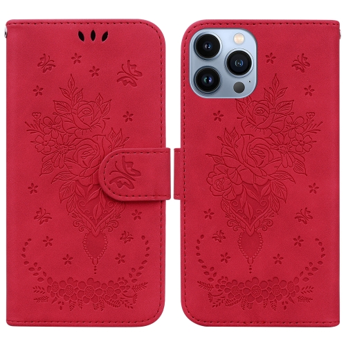 

For iPhone 14 Pro Butterfly Rose Embossed Leather Phone Case(Red)