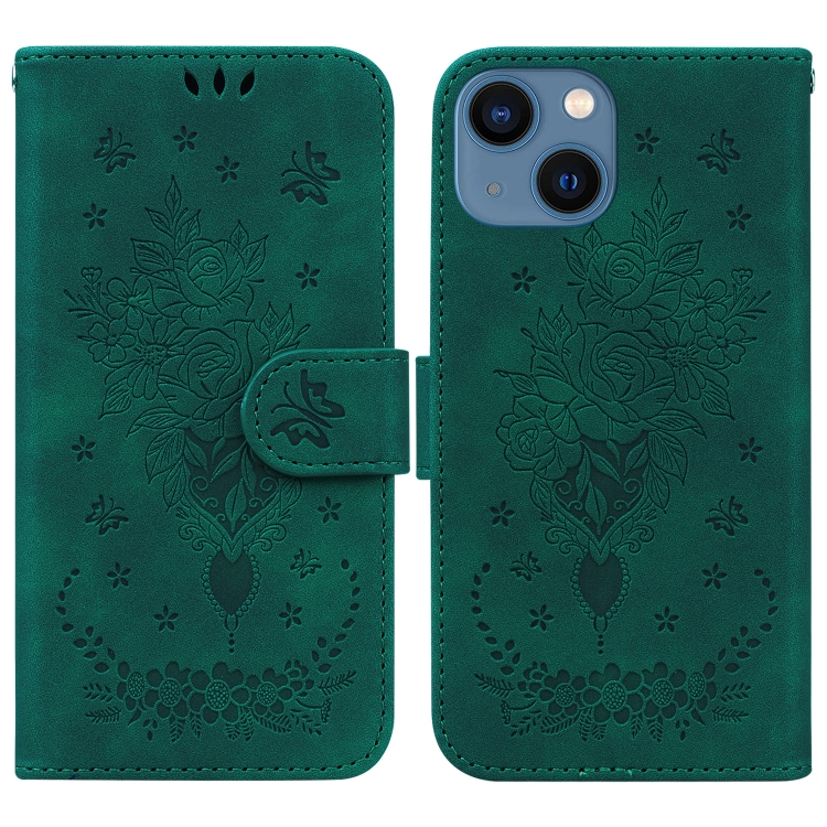 

For iPhone 14 Plus Butterfly Rose Embossed Leather Phone Case(Green)