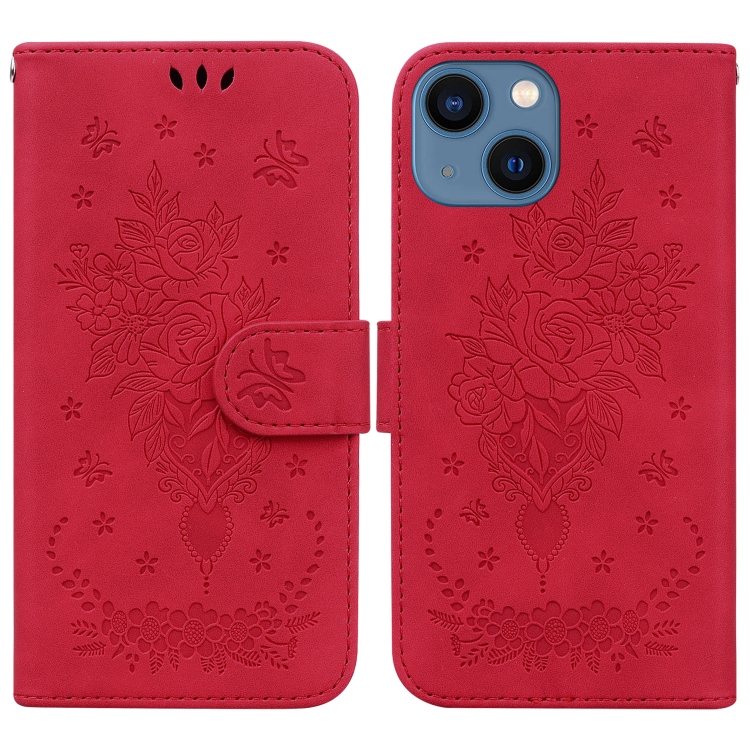 

For iPhone 14 Plus Butterfly Rose Embossed Leather Phone Case(Red)