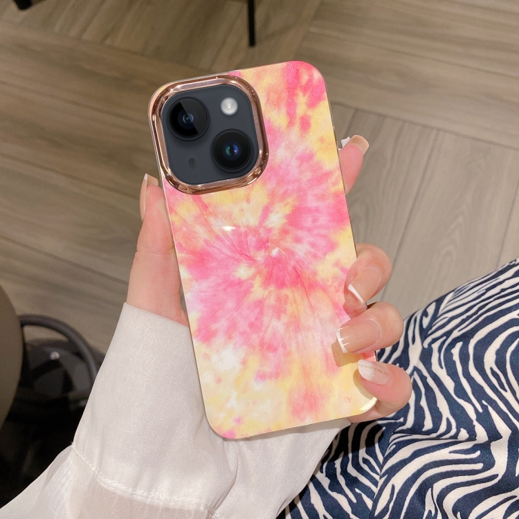 

For iPhone 14 Colorful Shell Texture Marble PC + TPU Phone Case(Pink Orange)