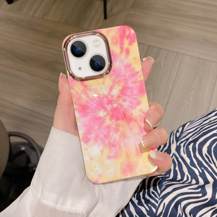 

For iPhone 13 Colorful Shell Texture Marble PC + TPU Phone Case(Pink Orange)