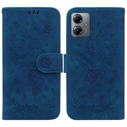 

For Motorola Moto G14 Butterfly Rose Embossed Leather Phone Case(Blue)