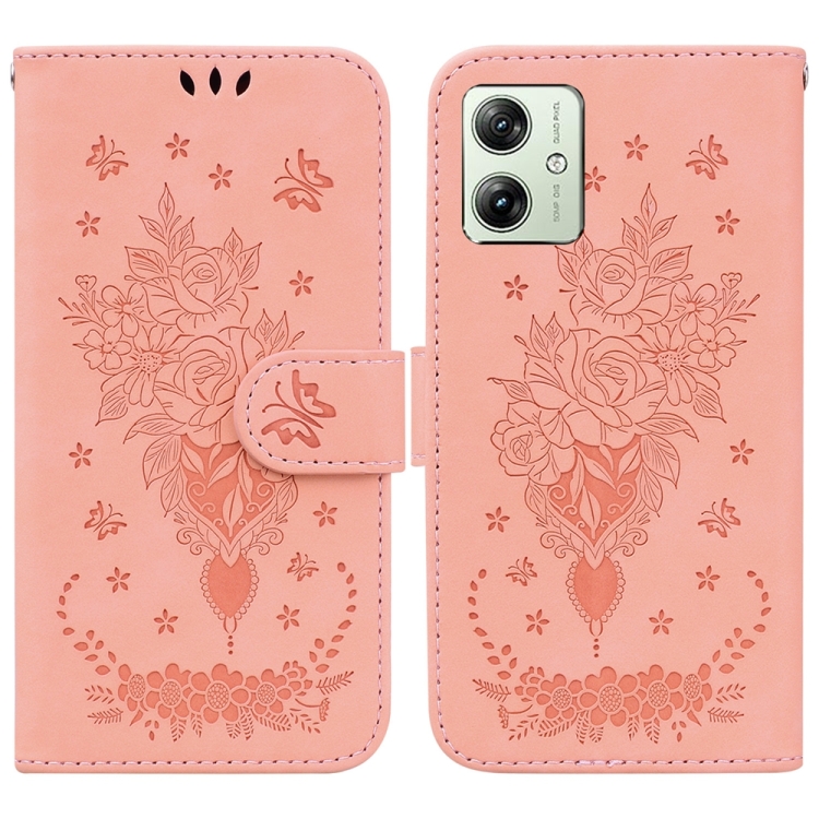 

For Motorola Moto G54 Butterfly Rose Embossed Leather Phone Case(Pink)