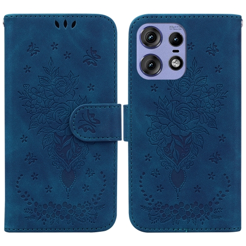

For Motorola Edge 50 Pro Butterfly Rose Embossed Leather Phone Case(Blue)