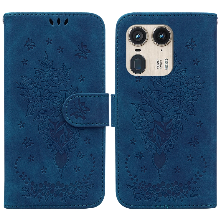 

For Motorola Edge 50 Ultra Butterfly Rose Embossed Leather Phone Case(Blue)