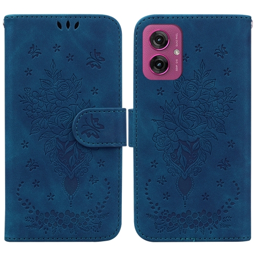 

For Motorola Moto G55 Butterfly Rose Embossed Leather Phone Case(Blue)