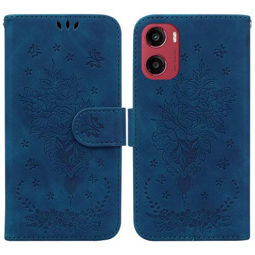 

For Motorola Moto G05 / E15 Butterfly Rose Embossed Leather Phone Case(Blue)