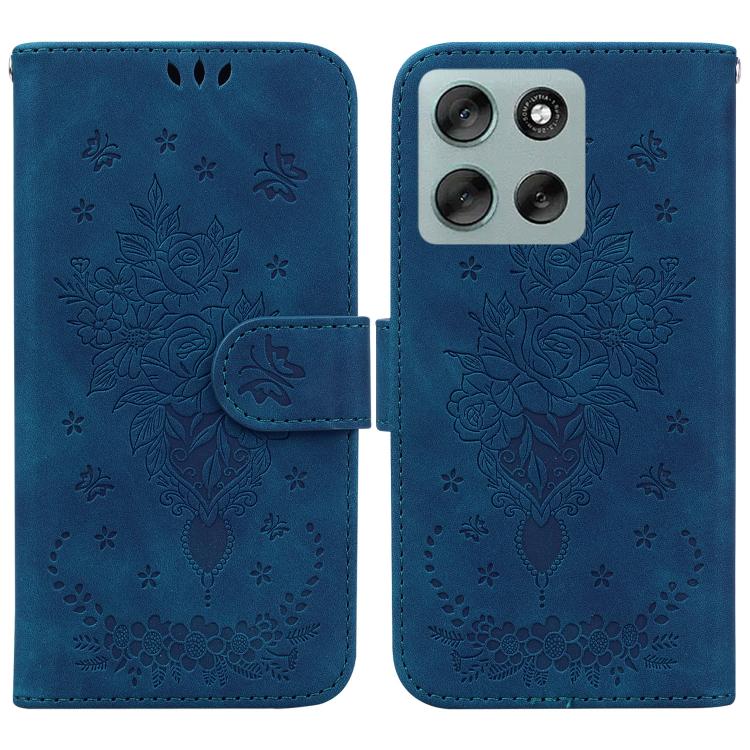 

For Motorola Moto G56 5G / G66j 5G / G66y 5G Butterfly Rose Embossed Leather Phone Case(Blue)