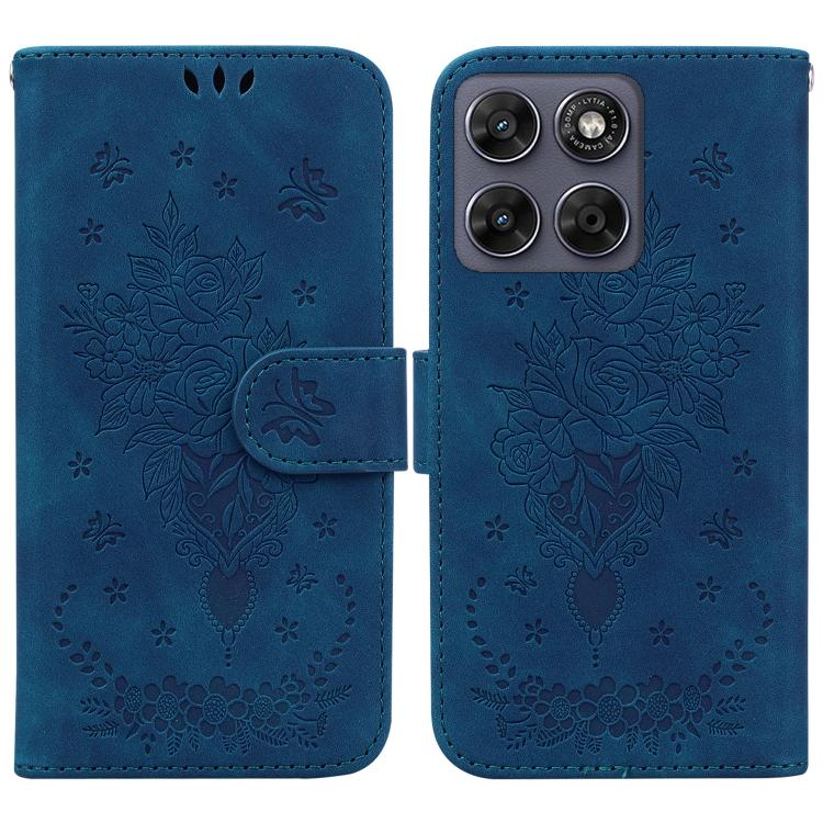 

For Motorola Moto G67 5G / Moto G77 5G Butterfly Rose Embossed Leather Phone Case(Blue)