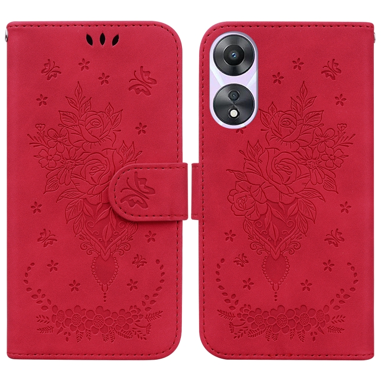 

For OPPO A58 4G Butterfly Rose Embossed Leather Phone Case(Red)