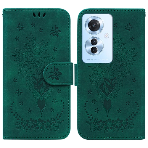 

For OPPO Reno11 F Global Butterfly Rose Embossed Leather Phone Case(Green)