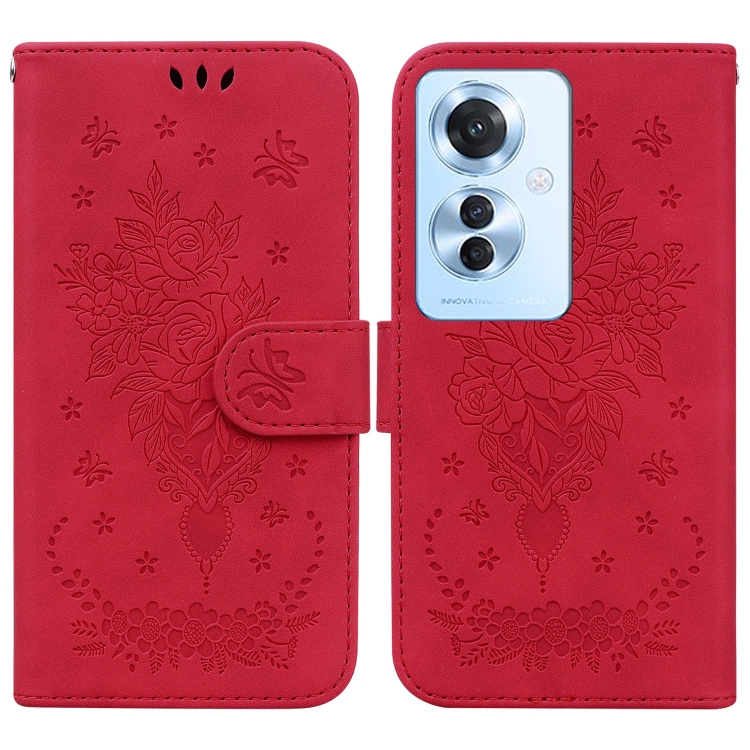 

For OPPO Reno11 F Global Butterfly Rose Embossed Leather Phone Case(Red)