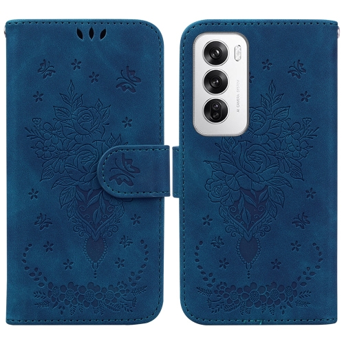 

For OPPO Reno12 5G Global Butterfly Rose Embossed Leather Phone Case(Blue)