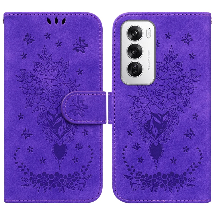 

For OPPO Reno12 5G Global Butterfly Rose Embossed Leather Phone Case(Purple)