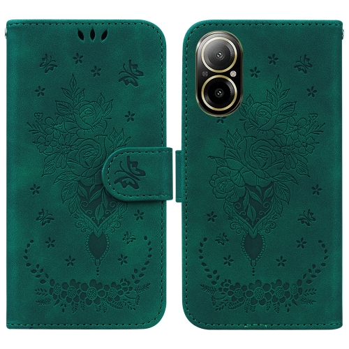 

For Realme C67 4G Global Butterfly Rose Embossed Leather Phone Case(Green)