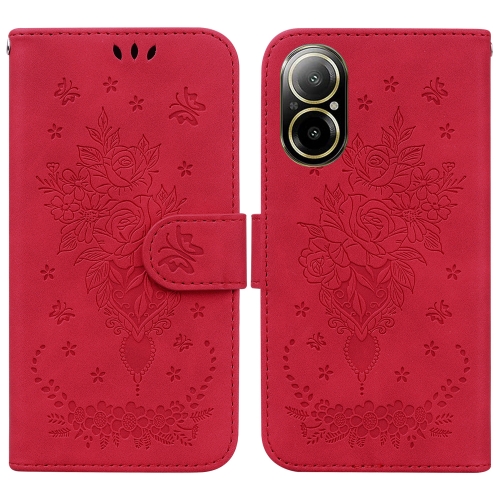 

For Realme C67 4G Global Butterfly Rose Embossed Leather Phone Case(Red)