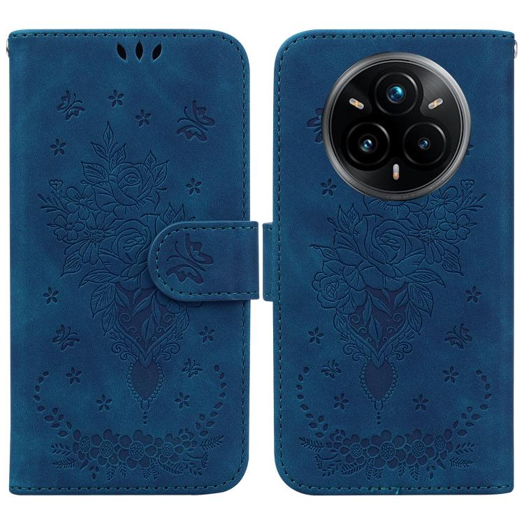 

For Realme 14 Pro+ Butterfly Rose Embossed Leather Phone Case(Blue)