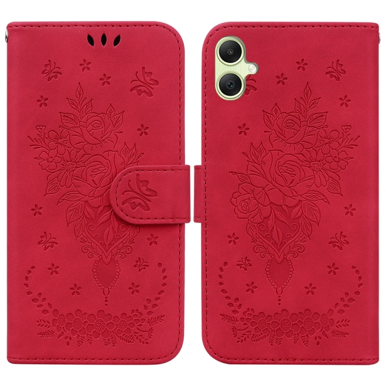 

For Samsung Galaxy A05 Butterfly Rose Embossed Leather Phone Case(Red)