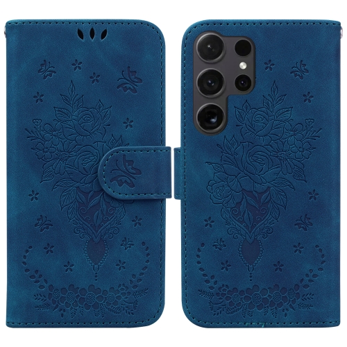 

For Samsung Galaxy S24 Ultra 5G Butterfly Rose Embossed Leather Phone Case(Blue)