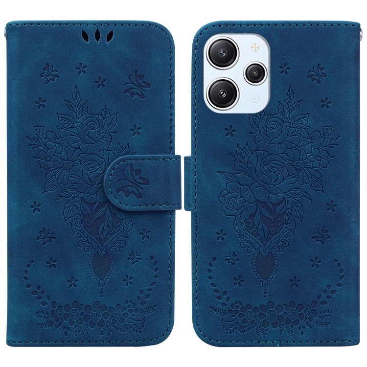 

For Xiaomi Redmi 12 Butterfly Rose Embossed Leather Phone Case(Blue)