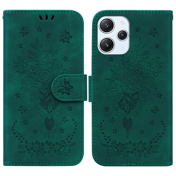 

For Xiaomi Redmi 12 Butterfly Rose Embossed Leather Phone Case(Green)