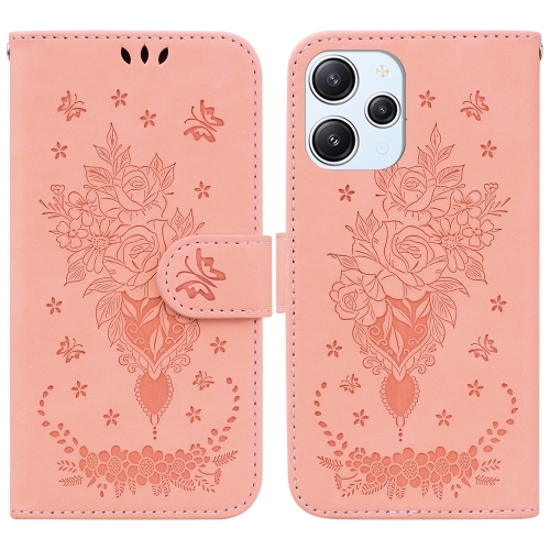 

For Xiaomi Redmi 12 Butterfly Rose Embossed Leather Phone Case(Pink)