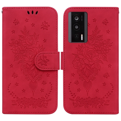 

For Xiaomi Poco F5 Pro / Redmi K60 Butterfly Rose Embossed Leather Phone Case(Red)