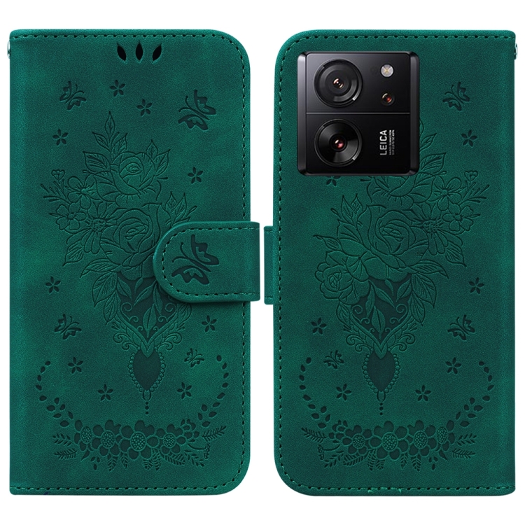 

For Xiaomi 13T / 13T Pro / Redmi K60 Ultra Butterfly Rose Embossed Leather Phone Case(Green)