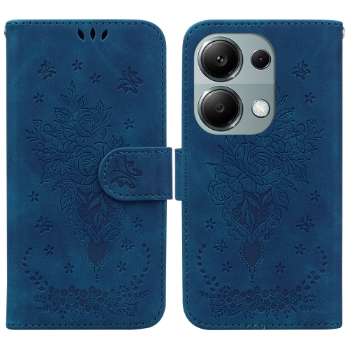 For Xiaomi Poco M6 Pro 4G Butterfly Rose Embossed Leather Phone Case(Blue) jinhao classic 165 metal noble blue embossed fountain pen gold trim 18kgp fine nib 0 5mm ink pen for graduate business office