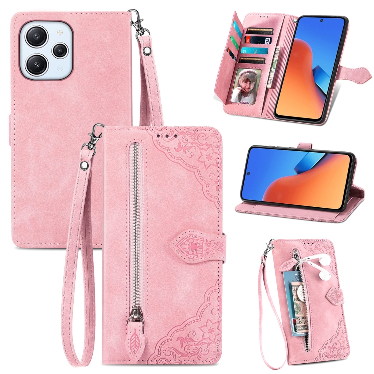 

For Xiaomi Redmi 12 Embossed Flower Zipper Leather Phone Case(Pink)