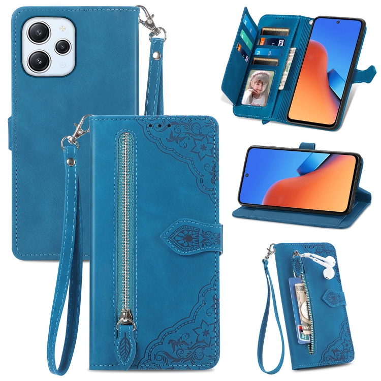 

For Xiaomi Redmi 12 Embossed Flower Zipper Leather Phone Case(Blue)