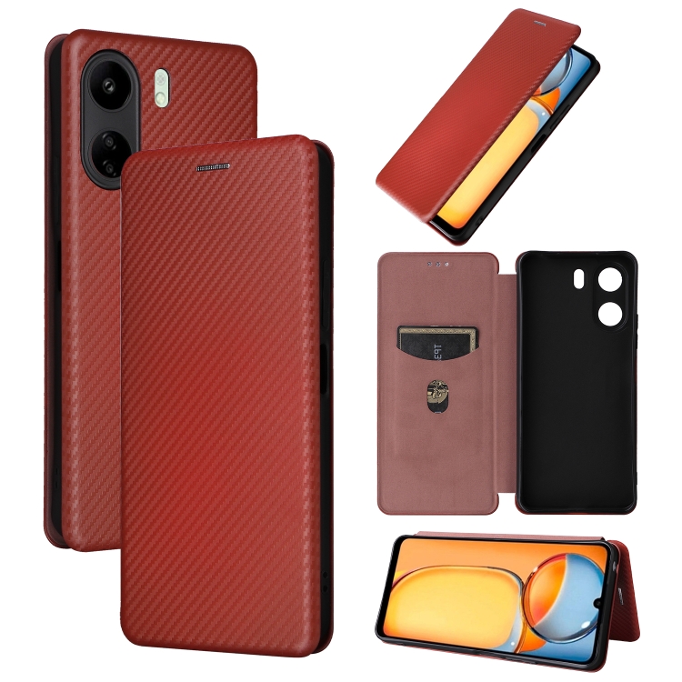 

For Xiaomi Redmi 13C Carbon Fiber Texture Flip Leather Phone Case(Brown)