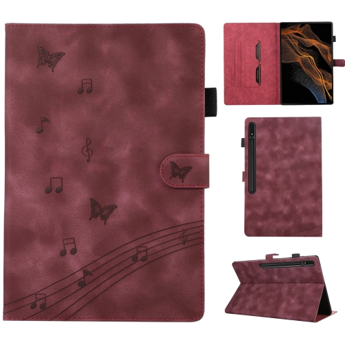 

For Samsung Galaxy Tab S8 Ultra X900 Staff Music Embossed Leather Tablet Case(Wine Red)