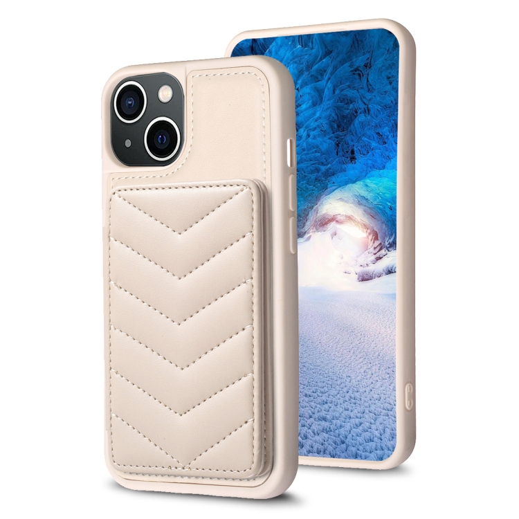 

For iPhone 14 Plus BF26 Wave Pattern Card Bag Holder Phone Case(Beige)