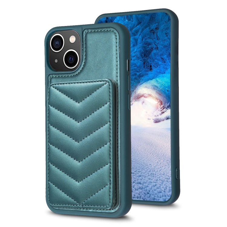 

For iPhone 15 BF26 Wave Pattern Card Bag Holder Phone Case(Green)